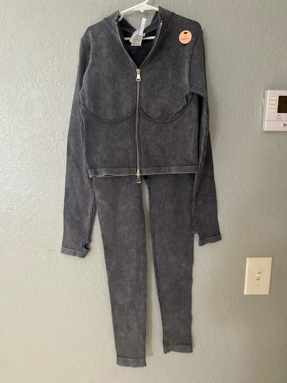 Women's Charcoal Ribbed Zip Top& Legging Set
